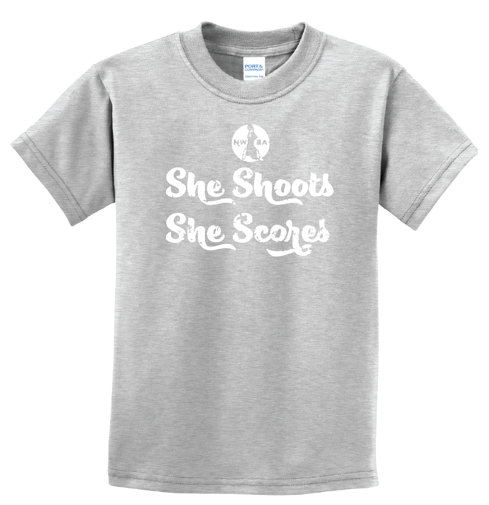 NWBA Officially Licensed - "SHE SHOOTS SHE SCORES" - YOUTH T-SHIRT
