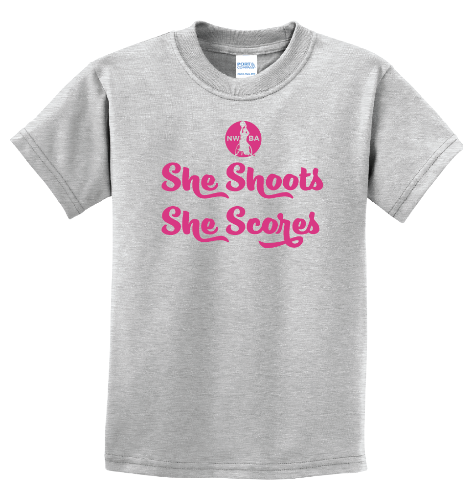 NWBA Officially Licensed - "SHE SHOOTS SHE SCORES" - YOUTH T-SHIRT