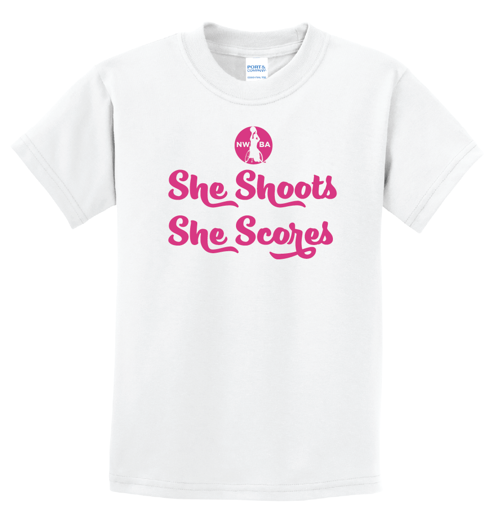 NWBA Officially Licensed - "SHE SHOOTS SHE SCORES" - YOUTH T-SHIRT