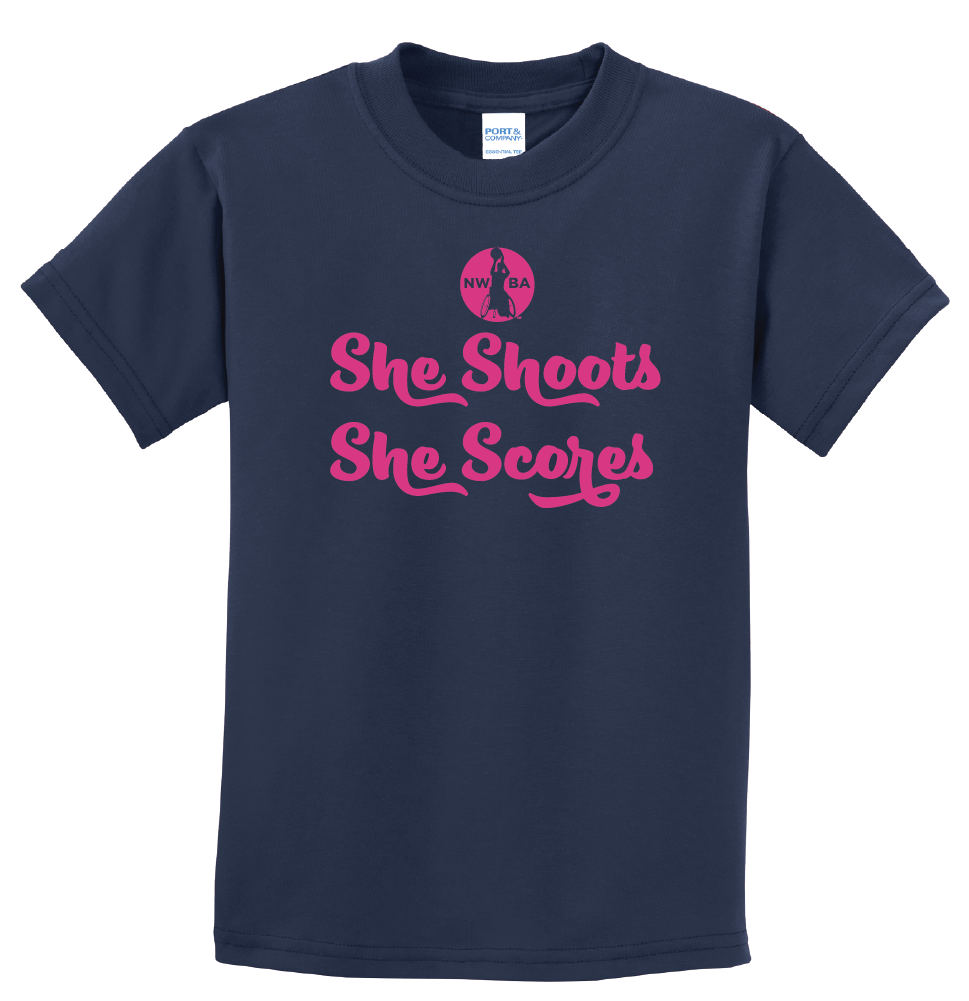 NWBA Officially Licensed - "SHE SHOOTS SHE SCORES" - YOUTH T-SHIRT