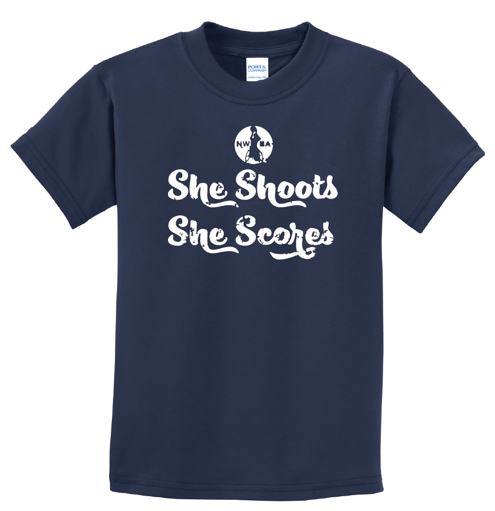 NWBA Officially Licensed - "SHE SHOOTS SHE SCORES" - YOUTH T-SHIRT