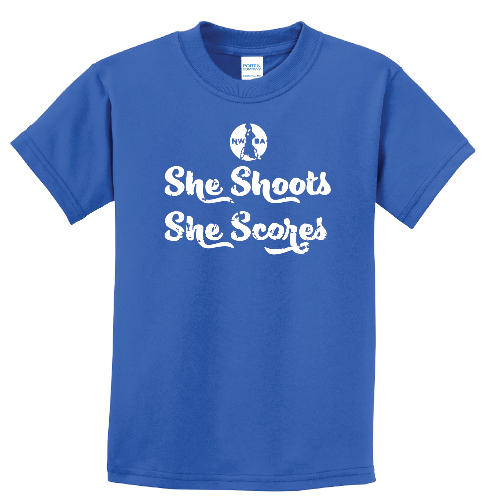 NWBA Officially Licensed - "SHE SHOOTS SHE SCORES" - YOUTH T-SHIRT