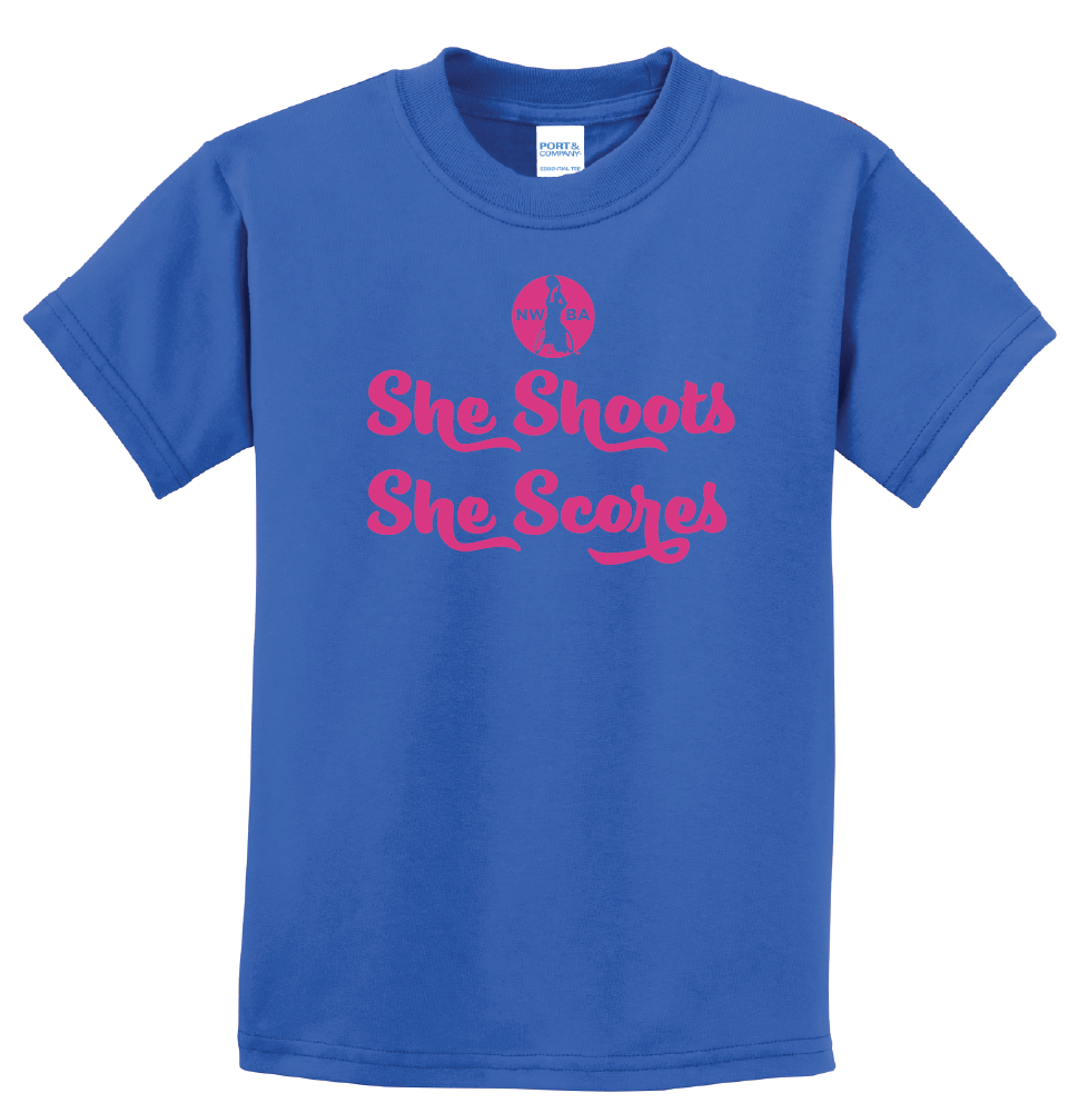 NWBA Officially Licensed - "SHE SHOOTS SHE SCORES" - YOUTH T-SHIRT