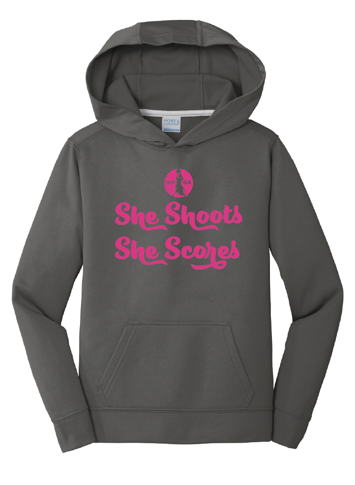 NWBA Officially Licensed - "SHE SHOOTS SHE SCORES" - YOUTH PULLOVER HOODED SWEATSHIRT