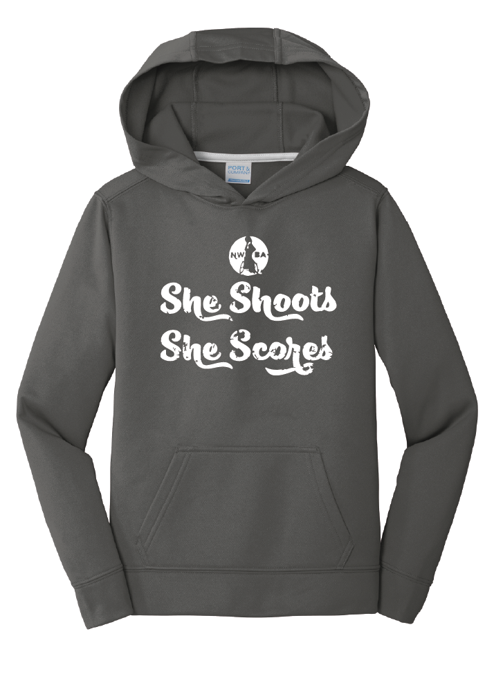 NWBA Officially Licensed - "SHE SHOOTS SHE SCORES" - YOUTH PULLOVER HOODED SWEATSHIRT