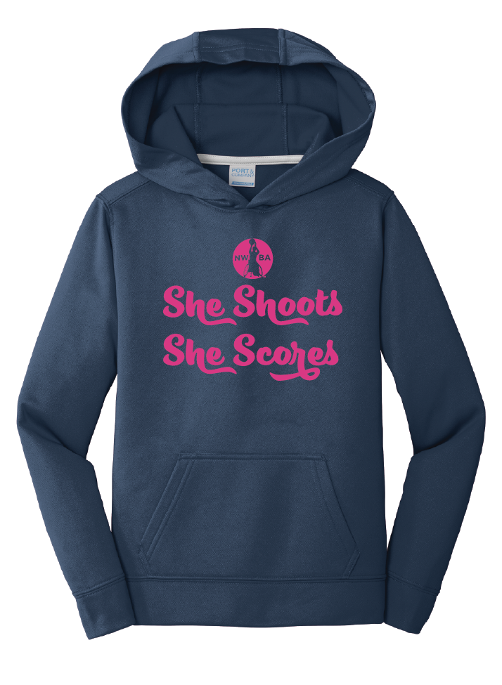 NWBA Officially Licensed - "SHE SHOOTS SHE SCORES" - YOUTH PULLOVER HOODED SWEATSHIRT