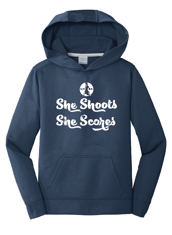 NWBA Officially Licensed - "SHE SHOOTS SHE SCORES" - YOUTH PULLOVER HOODED SWEATSHIRT