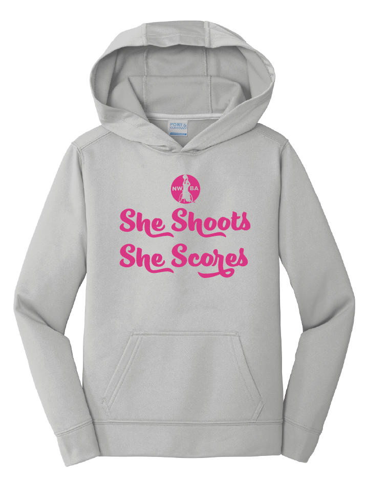 NWBA Officially Licensed - "SHE SHOOTS SHE SCORES" - YOUTH PULLOVER HOODED SWEATSHIRT