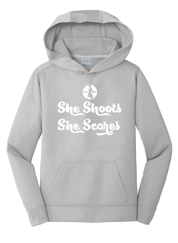 NWBA Officially Licensed - "SHE SHOOTS SHE SCORES" - YOUTH PULLOVER HOODED SWEATSHIRT