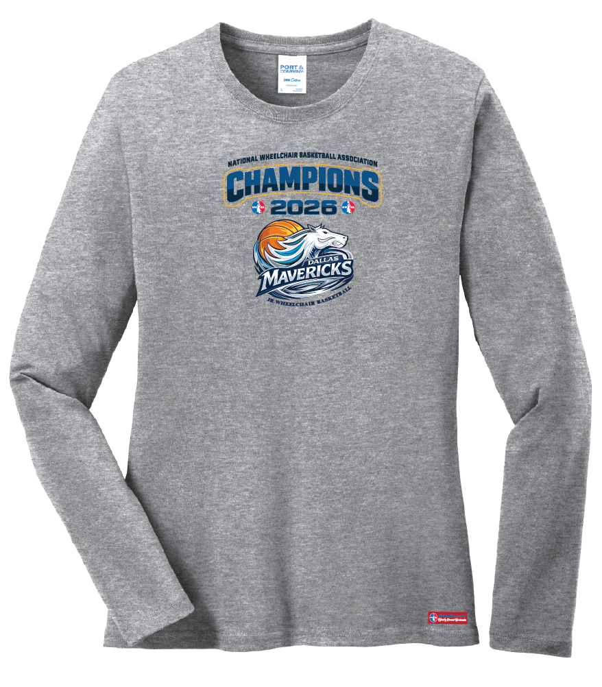 NWBA Officially Licensed – Dallas Jr Wheelchair Mavericks – 2026 National Champions – Ladies Long Sleeve Cotton Tee – Full‑Front Print Edition