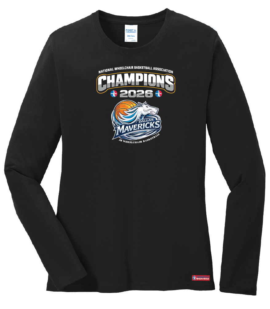 NWBA Officially Licensed – Dallas Jr Wheelchair Mavericks – 2026 National Champions – Ladies Long Sleeve Cotton Tee – Full‑Front Print Edition