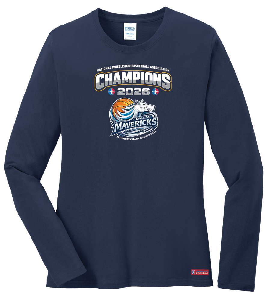 NWBA Officially Licensed – Dallas Jr Wheelchair Mavericks – 2026 National Champions – Ladies Long Sleeve Cotton Tee – Full‑Front Print Edition