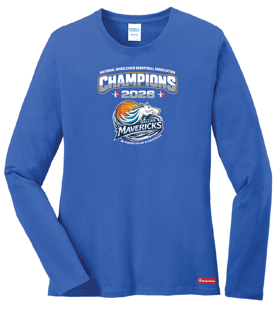 NWBA Officially Licensed – Dallas Jr Wheelchair Mavericks – 2026 National Champions – Ladies Long Sleeve Cotton Tee – Full‑Front Print Edition