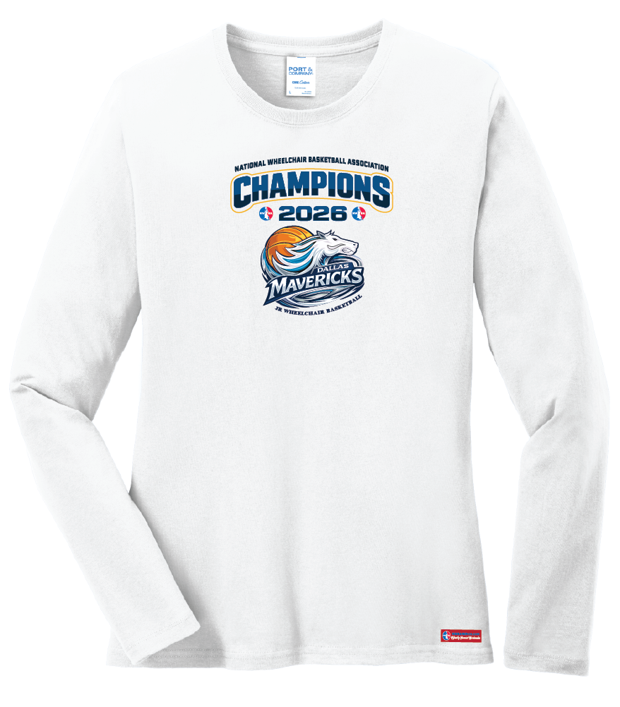 NWBA Officially Licensed – Dallas Jr Wheelchair Mavericks – 2026 National Champions – Ladies Long Sleeve Cotton Tee – Full‑Front Print Edition