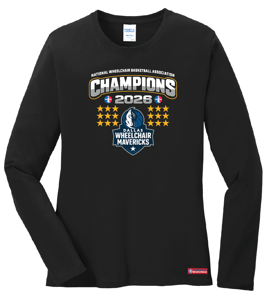 NWBA Officially Licensed – Dallas Wheelchair Mavericks – 2026 National Champions – Ladies Long Sleeve Cotton Tee – Full‑Front Print Edition