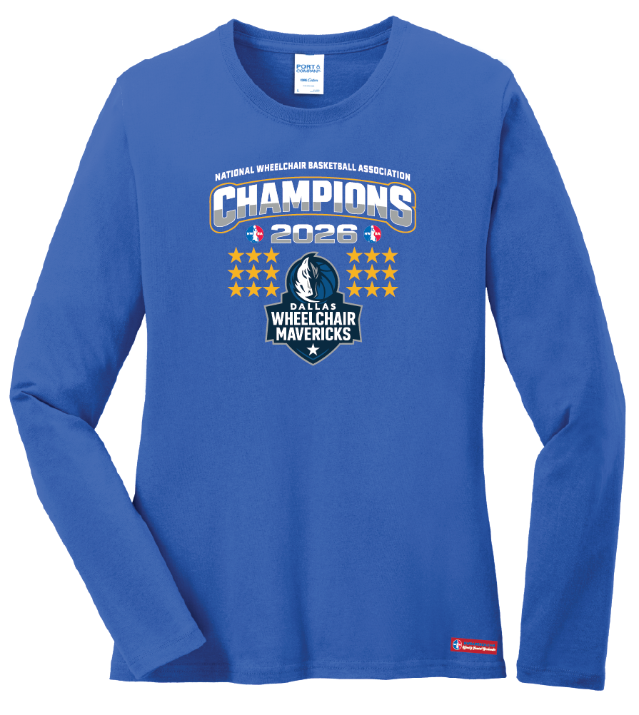 NWBA Officially Licensed – Dallas Wheelchair Mavericks – 2026 National Champions – Ladies Long Sleeve Cotton Tee – Full‑Front Print Edition