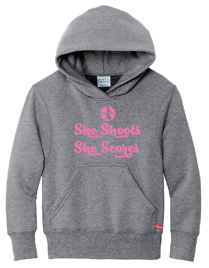 NWBA Officially Licensed - "SHE SHOOTS SHE SCORES" - YOUTH PULLOVER HOODED SWEATSHIRT
