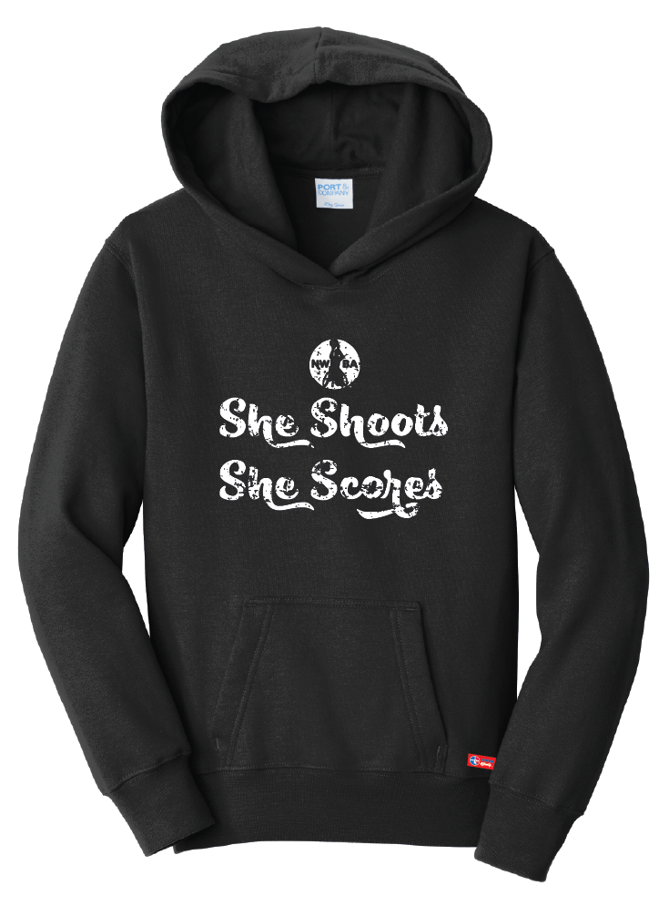 NWBA Officially Licensed - "SHE SHOOTS SHE SCORES" - YOUTH PULLOVER HOODED SWEATSHIRT
