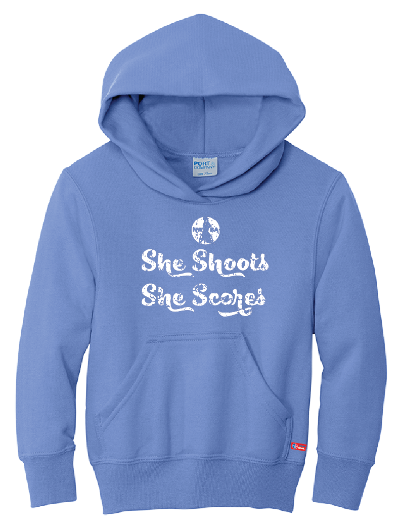 NWBA Officially Licensed - "SHE SHOOTS SHE SCORES" - YOUTH PULLOVER HOODED SWEATSHIRT