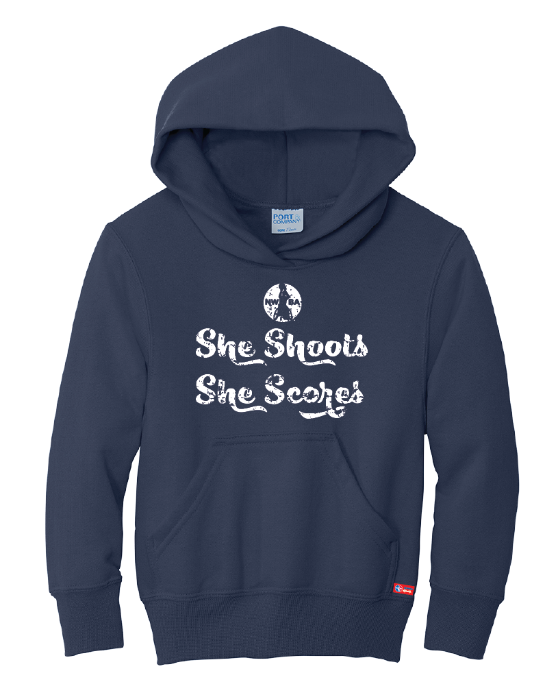 NWBA Officially Licensed - "SHE SHOOTS SHE SCORES" - YOUTH PULLOVER HOODED SWEATSHIRT