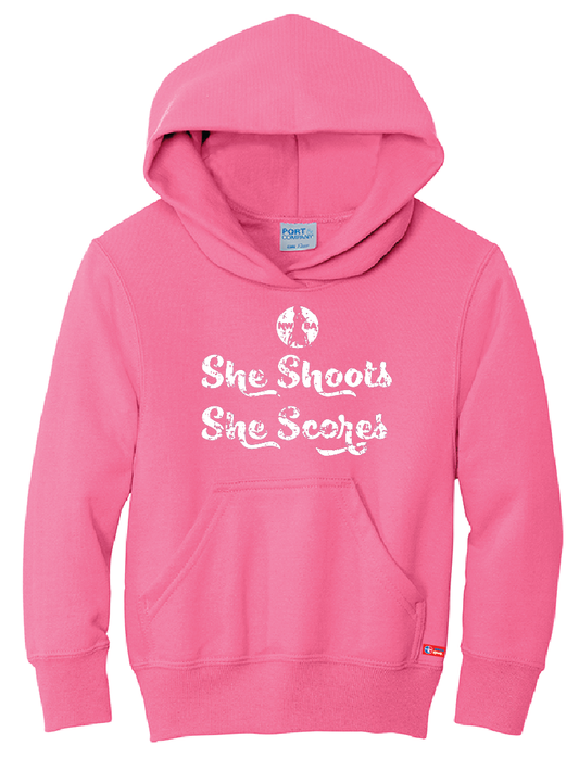 NWBA Officially Licensed - "SHE SHOOTS SHE SCORES" - YOUTH PULLOVER HOODED SWEATSHIRT
