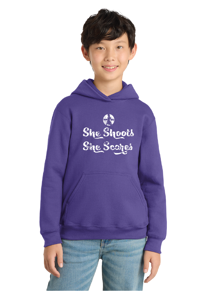 NWBA Officially Licensed - "SHE SHOOTS SHE SCORES" - YOUTH PULLOVER HOODED SWEATSHIRT