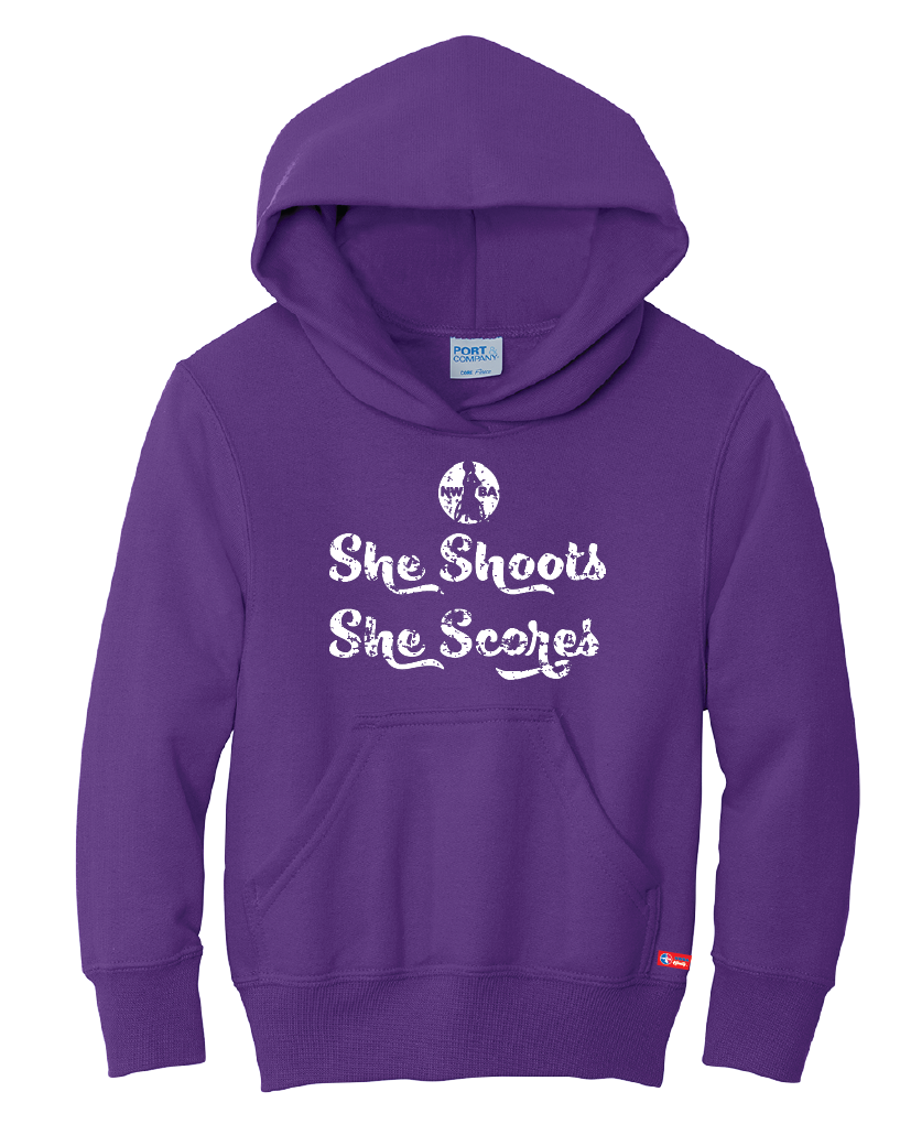 NWBA Officially Licensed - "SHE SHOOTS SHE SCORES" - YOUTH PULLOVER HOODED SWEATSHIRT