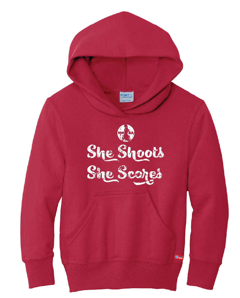 NWBA Officially Licensed - "SHE SHOOTS SHE SCORES" - YOUTH PULLOVER HOODED SWEATSHIRT