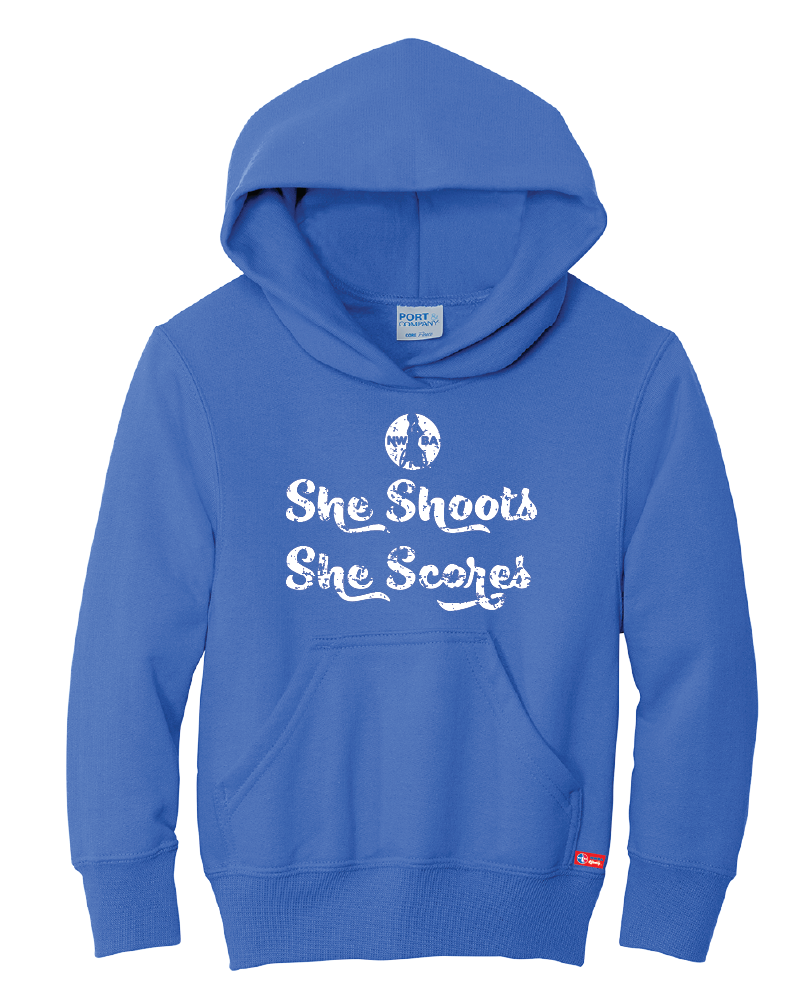 NWBA Officially Licensed - "SHE SHOOTS SHE SCORES" - YOUTH PULLOVER HOODED SWEATSHIRT